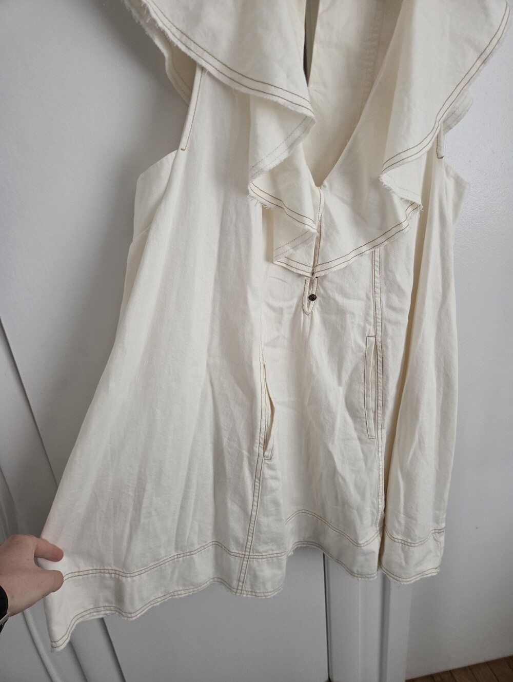 Anthropologie Pilcro White Denim Peasant Ruffle Babydoll Mini Dress Size Medium - Picture 3 of 6